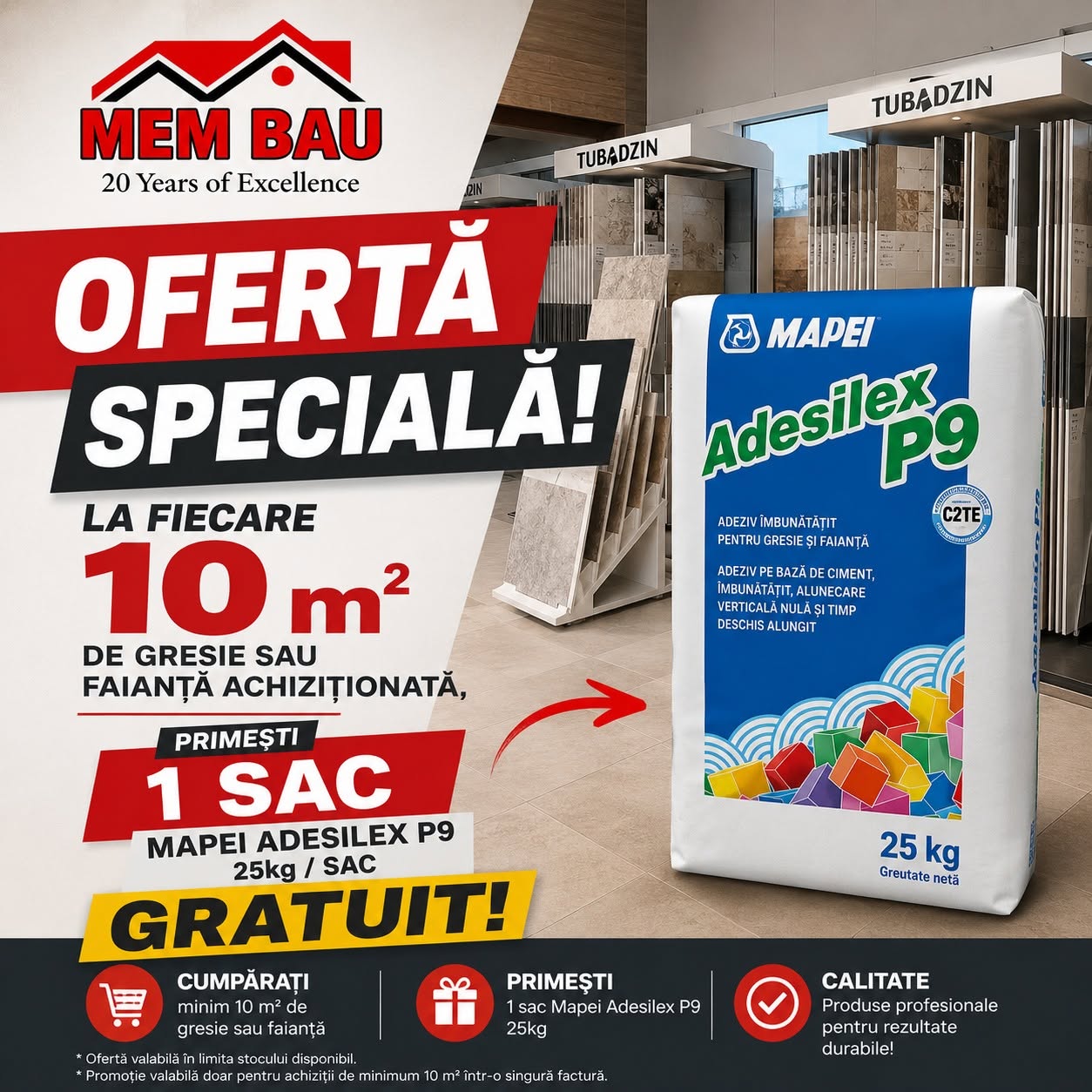 Un sac Mapei Adesilex P9 cadou la 10 m² de gresie sau faianță