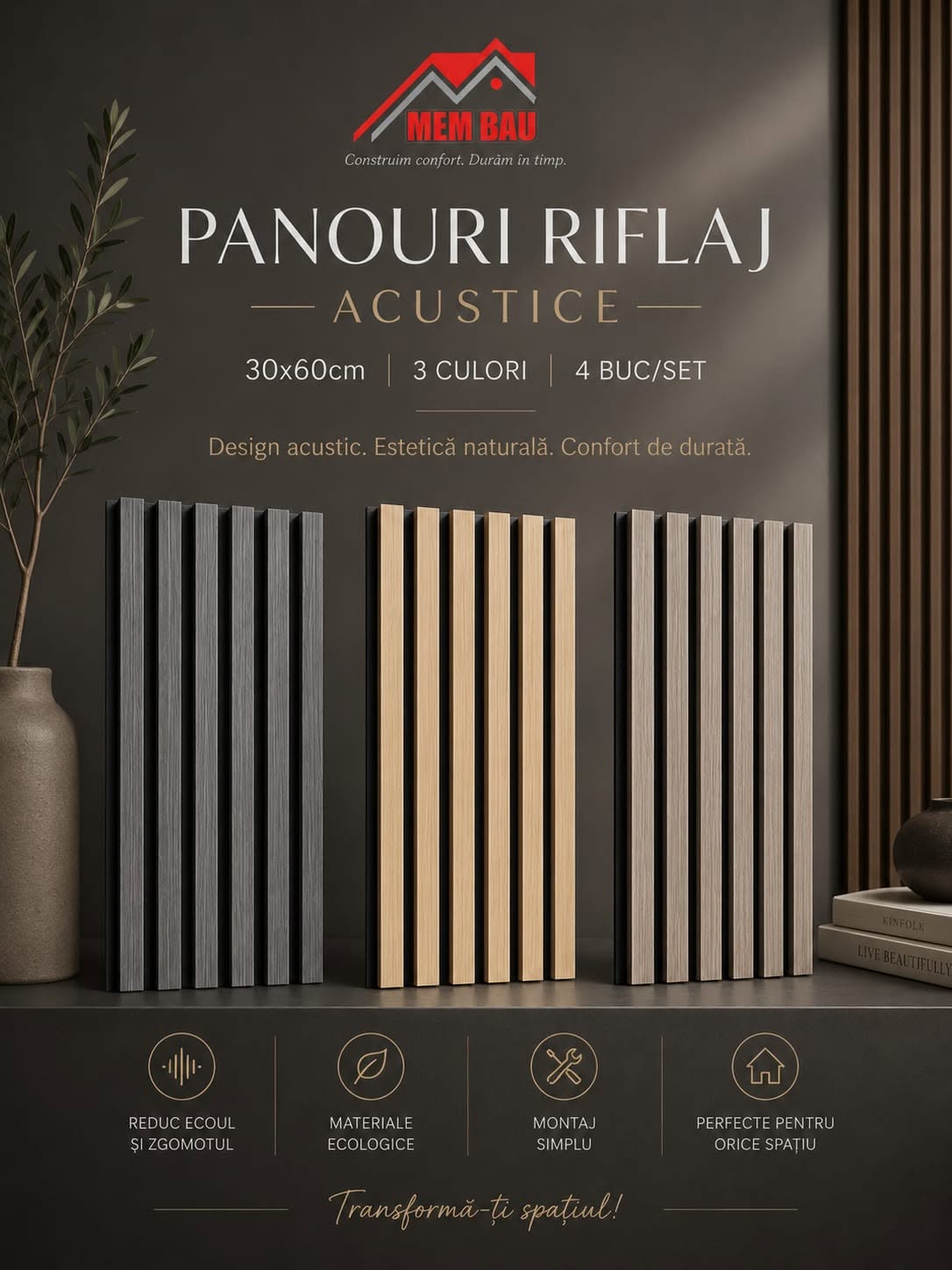 Panouri riflaj acustice în trei culori